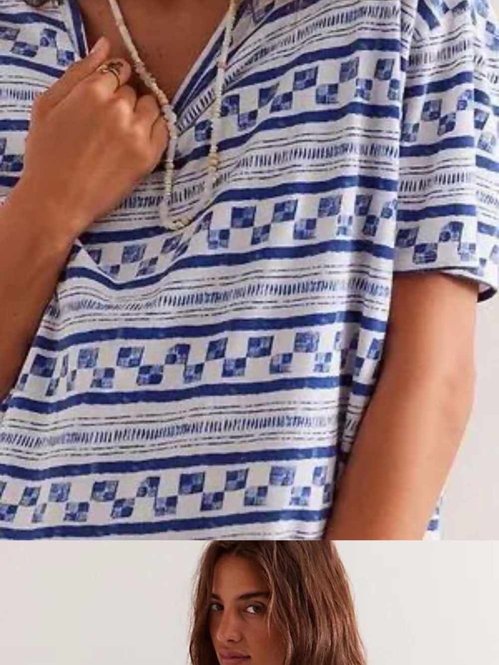 We The Free Blue & White Patterned V-Neck Tee